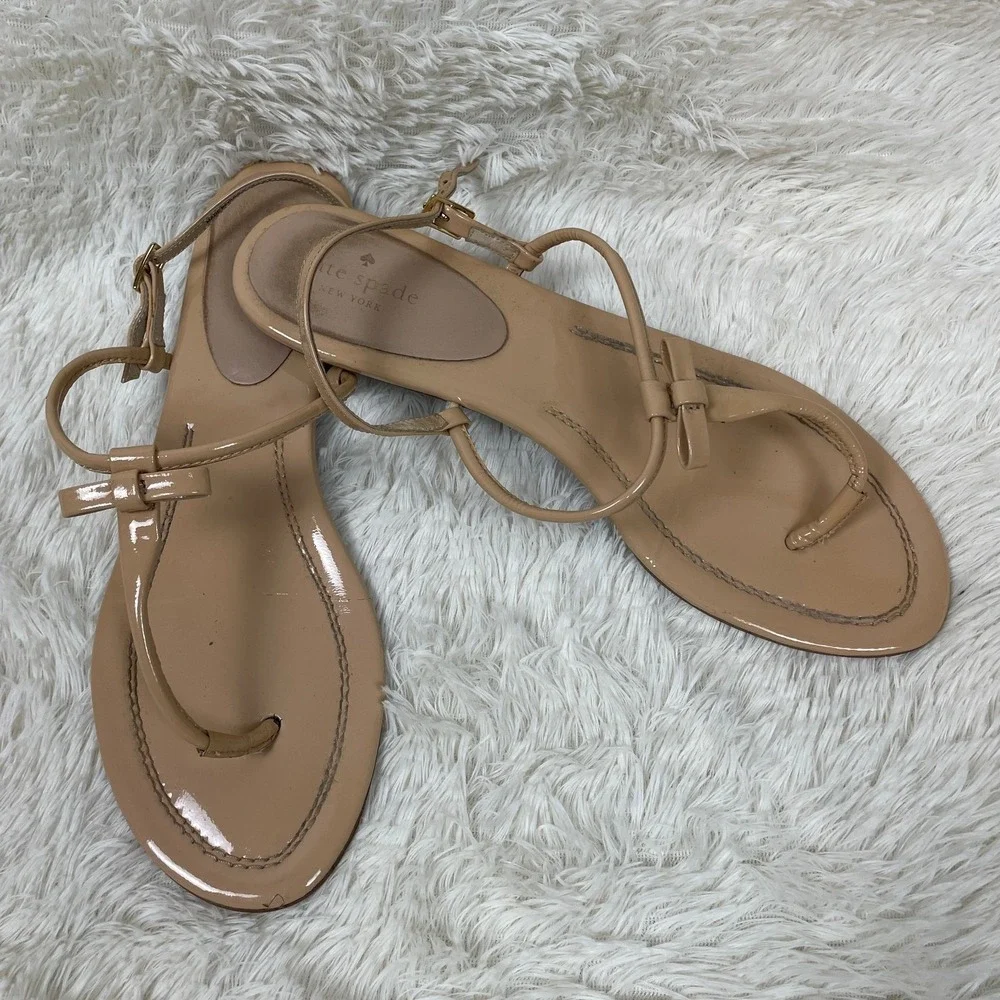 Kate Spade Bow T Strap Sandals Womens Size 11 Beige Flats Shoes Feminine Neutral
